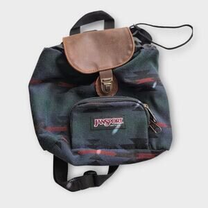 Vintage Jansport Mini Backpack Green Brown Suede Flap Southwestern Aztec 90s